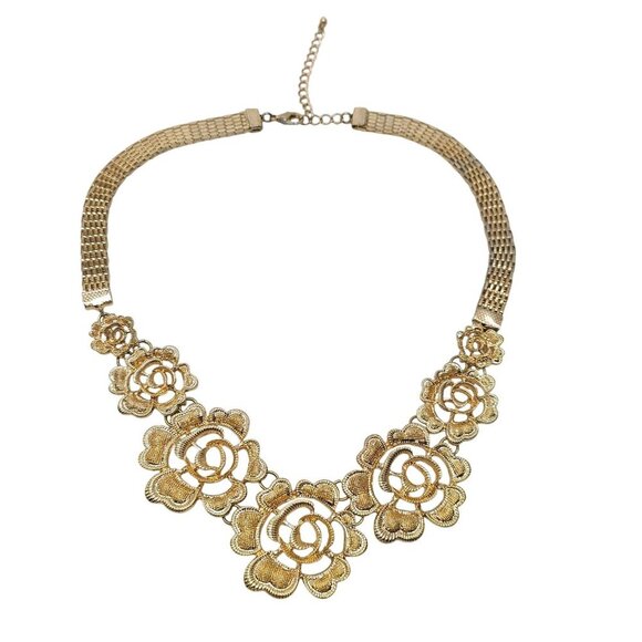 Gold Tone Floral Openwork Statement Necklace With Adjustable Chain - Picture 1 of 9